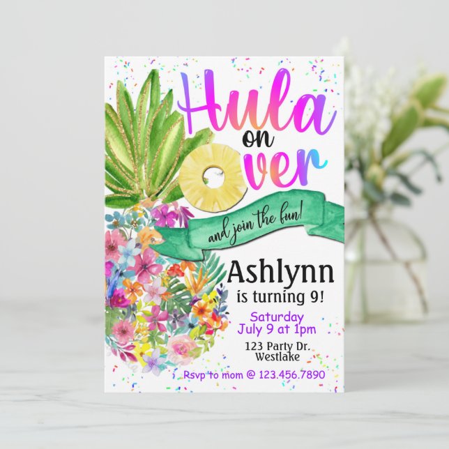 Hula on over,  Luau, Pineapple Birthday, Invitation (Standing Front)