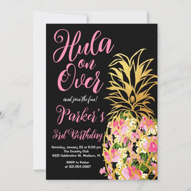 Hula on over, Luau, Pineapple Birthday Party Invitation (Front)
