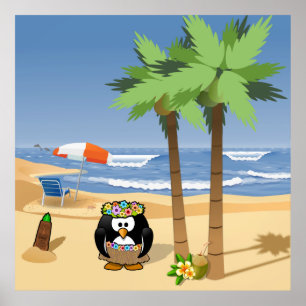 Hula penguin on vacation cartoon illustration poster