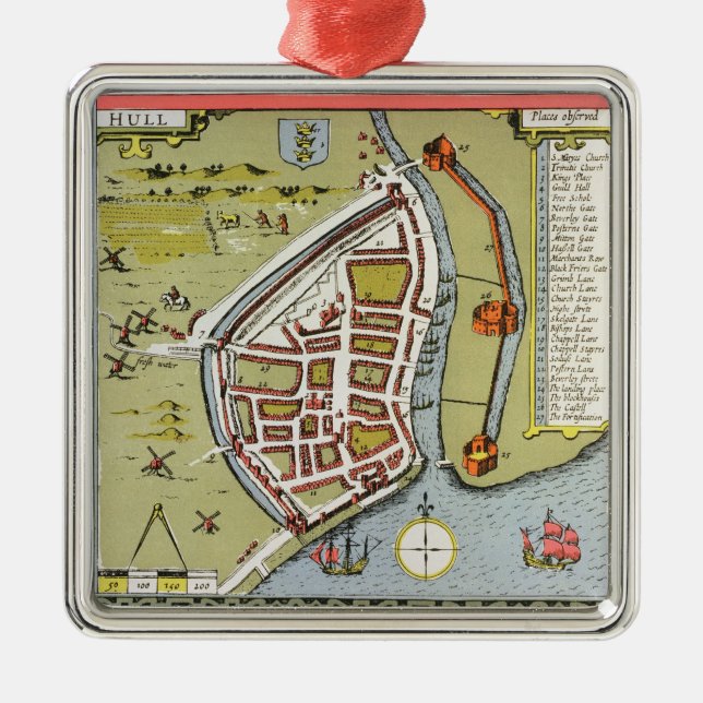 Hull, detail from map of North and East Ridings Metal Ornament (Front)