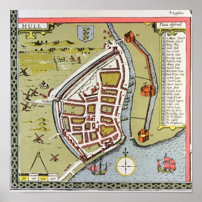 Hull, detail from map of North and East Ridings Poster (Front)