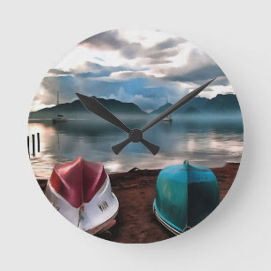 Hulls of Boats And Marmaris Winter Seascape Round Clock
