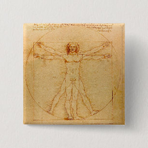 Human Anatomy, Vitruvian Man by Leonardo da Vinci 2 Inch Square Button