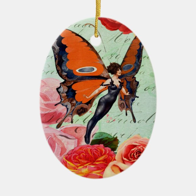 Human-Animal Hybrid Butterfly Woman with Roses Ceramic Ornament (Front)