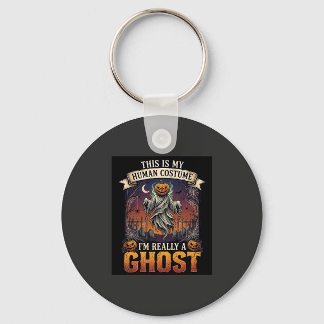 Human Costume Ghost Pumpkin Head Graveyard Spider  Keychain (Front)