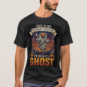 Human Costume Ghost Pumpkin Head Graveyard Spider T-Shirt