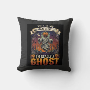 Human Costume Ghost Pumpkin Head Graveyard Spider Throw Pillow