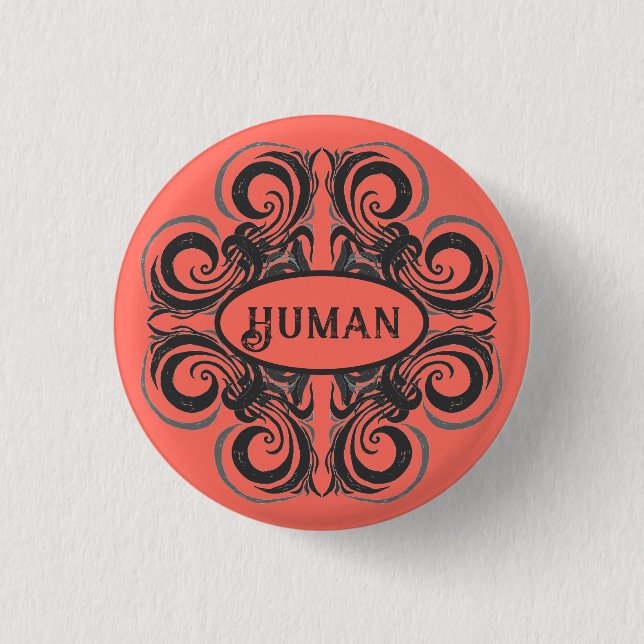 Human Curvy Graphite & Coral Retro 1 Inch Round Button (Front)