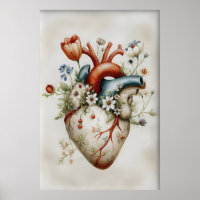 Human Heart Flowers Print, Anatomical Vintage