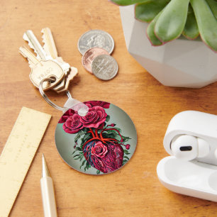 Human Heart with Red rose flowers surreal art Keychain