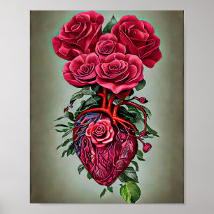 Human Heart with Red rose flowers surreal art Poster