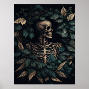 Human Skeleton and Leaves Dark Gothic Poster
