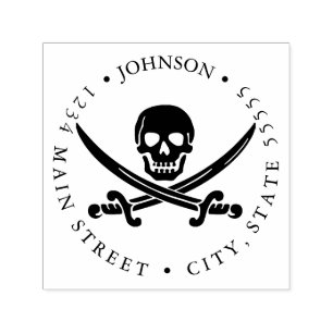 Human Skull and Cross Swords Pirate Return Label Self-inking Stamp