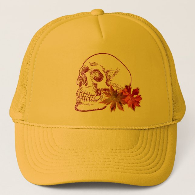 Human Skull Drawing in Autumn Colours Trucker Hat (Front)