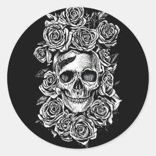 Human Skull Roses Goth Biker Art Illustration Classic Round Sticker