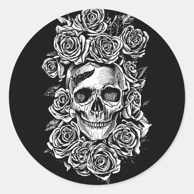 Human Skull Roses Goth Biker Art Illustration  Classic Round Sticker (Front)