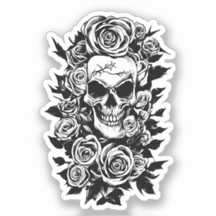 Human Skull Roses Goth Original ink drawing Art   