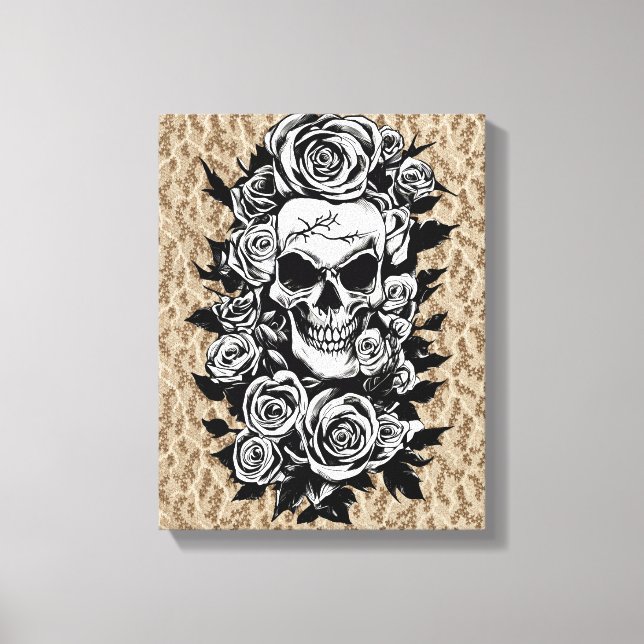 Human Skull Roses Goth Original ink drawing Art Canvas Print (Front)