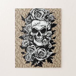 Human Skull Roses Goth Original ink drawing Art Jigsaw Puzzle