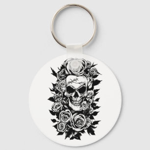 Human Skull Roses Goth Original ink drawing Art Keychain