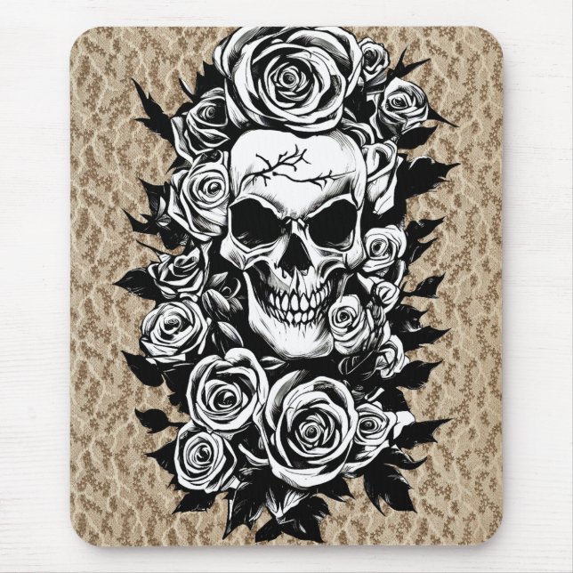 Human Skull Roses Goth Original ink drawing Art  Mouse Pad (Front)