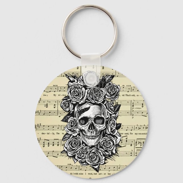 Human Skull Roses sheet music Art Illustration Keychain (Front)