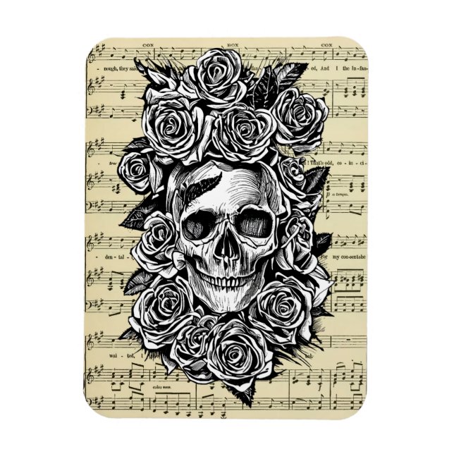 Human Skull Roses sheet music Art Illustration Magnet (Vertical)