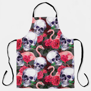 Human skull with flamingo and red rose flowers sea apron