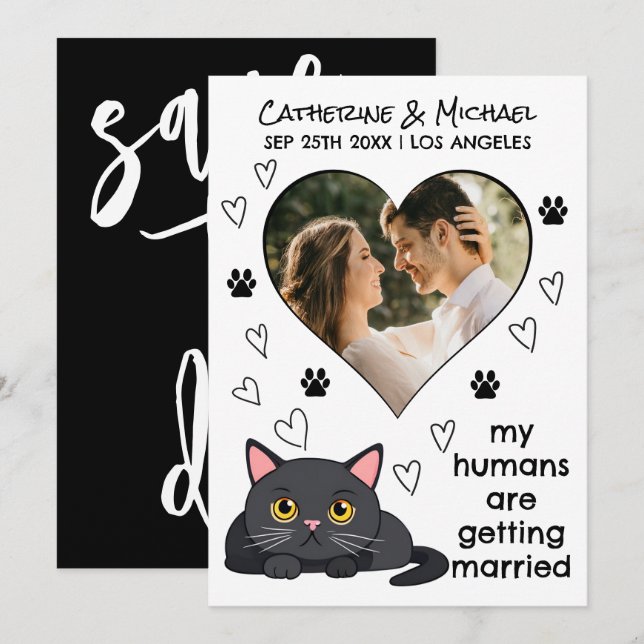 Humans Getting Married Cat Mom Dad Hand Drawn Save The Date (Front/Back)