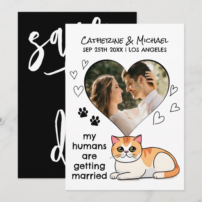 Humans Getting Married Cute Cat Lovers Hand Drawn Save The Date (Front/Back)