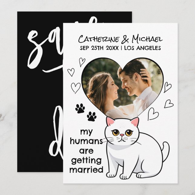Humans Getting Married Cute Cat Lovers Hand Drawn Save The Date (Front/Back)