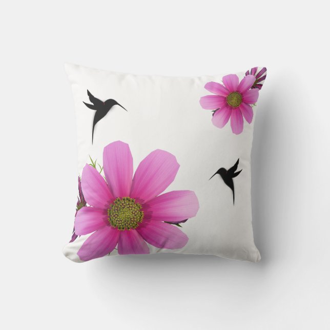 Humingbird & Cosmos Throw Pillow (Front)