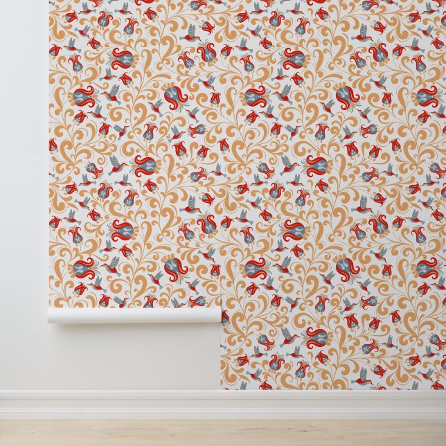 Humming Bird and Modern Bold Flower Pattern Wallpaper (Application)