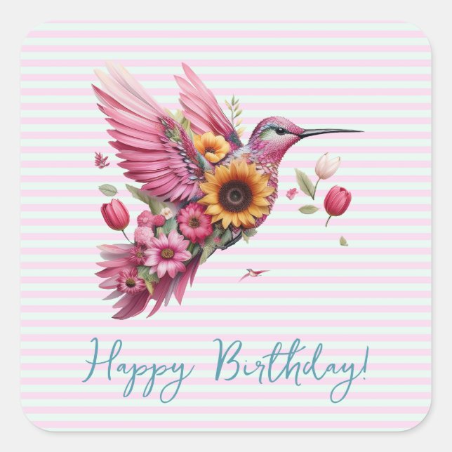 Humming bird flying Happy Birthday Square Sticker (Front)