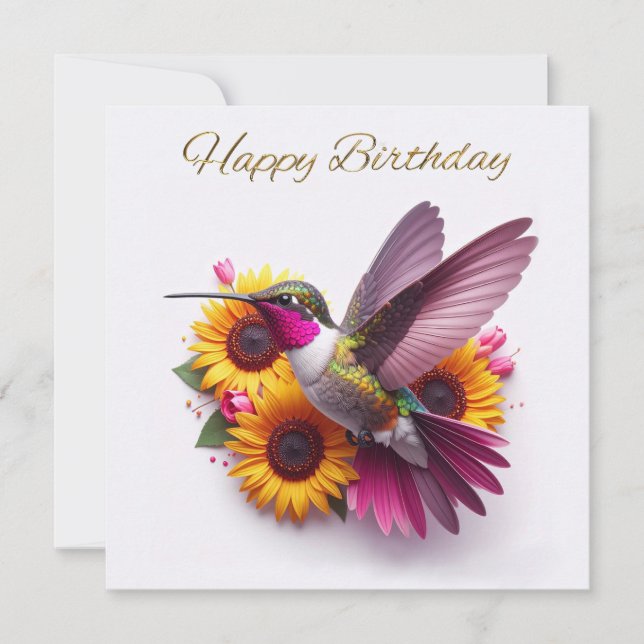 Humming bird flying with flowers Happy Birthday (Front)