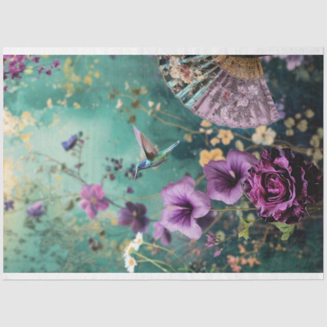 Humming Bird in the Garden, purple floral Tissue Paper (Front)