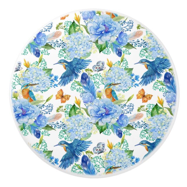 Humming Birds And Blue Hydrangea Ceramic Knob (Front)