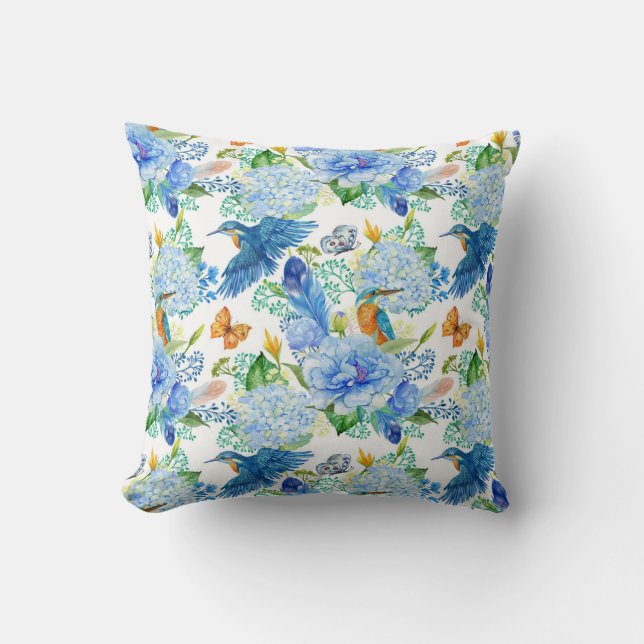 Humming Birds And Blue Hydrangea Throw Pillow (Front)
