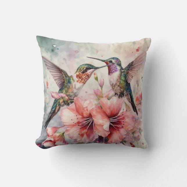 Humming Birds and Flowers Throw Pillow (Front)