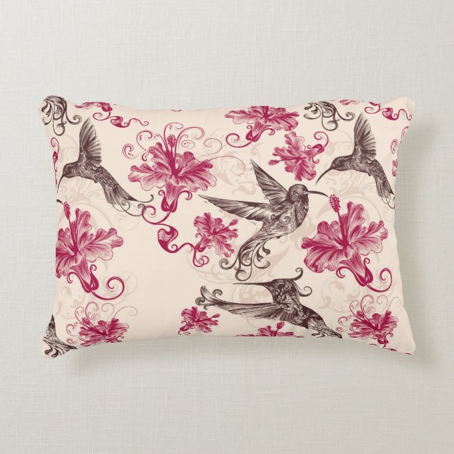 Humming Birds And Rose Coloured Flowers Accent Pillow (Front)