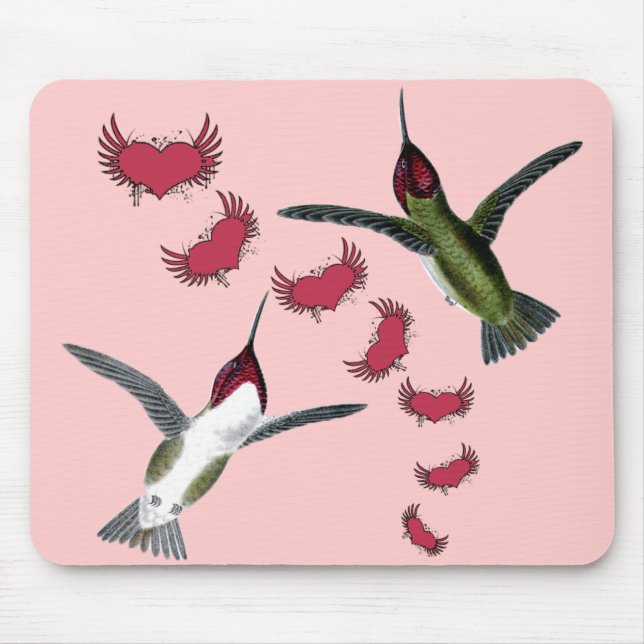 Humming Birds Grunge Hearts with Wings Mouse Pad (Front)