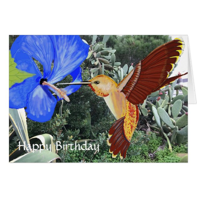 Hummingbird and Blue Hibiscus Happy Birthday (Front Horizontal)