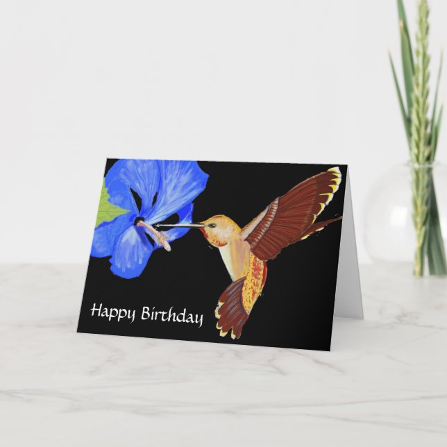 Hummingbird and Blue Hibiscus Happy Birthday Card (Front)