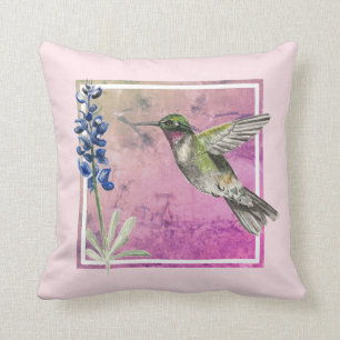 Hummingbird and Bluebonnet on Pink Background Throw Pillow