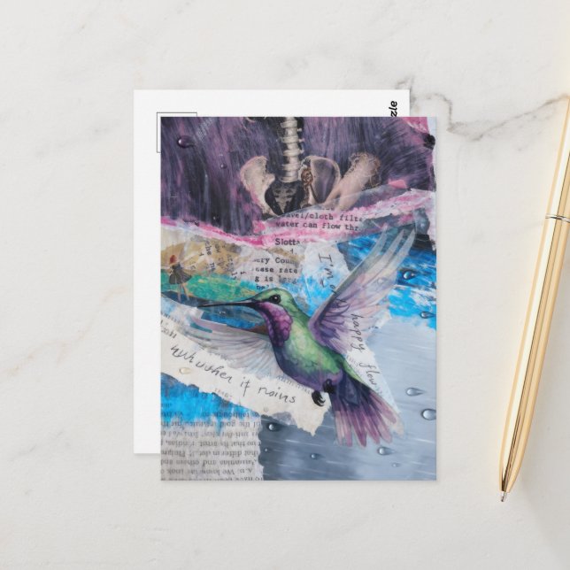 Hummingbird and Bones With Rain Collage Postcard (Front/Back In Situ)