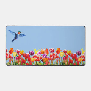 Hummingbird and Colourful Tulip Flowers Desk Mat