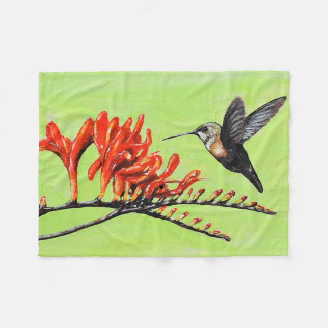 Hummingbird and Crocosmia Painting Fleece Blanket (Front (Horizontal))