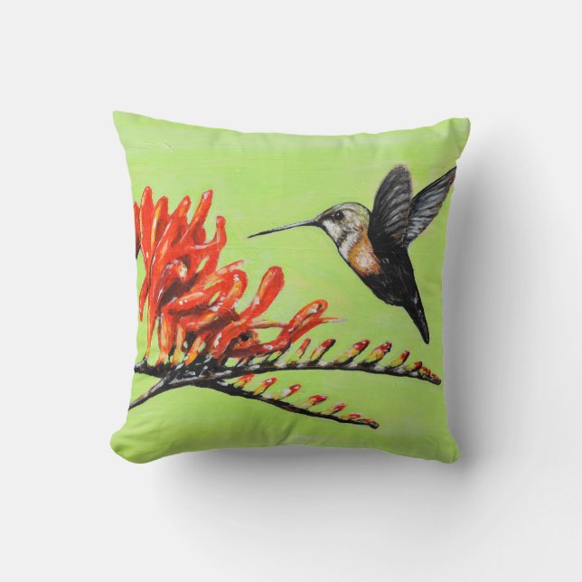 Hummingbird and Crocosmia Painting Throw Pillow (Front)