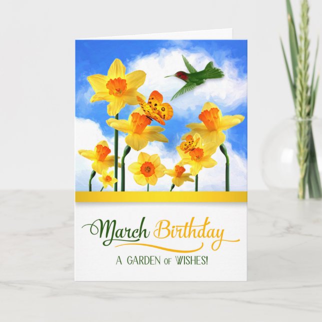 Hummingbird and Daffodils March Birthday Card (Front)