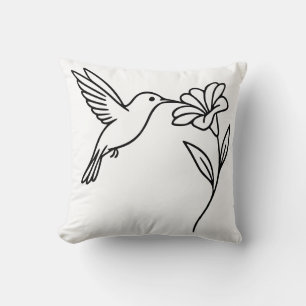 Hummingbird and Flower – Minimalist Black Line Art Throw Pillow
